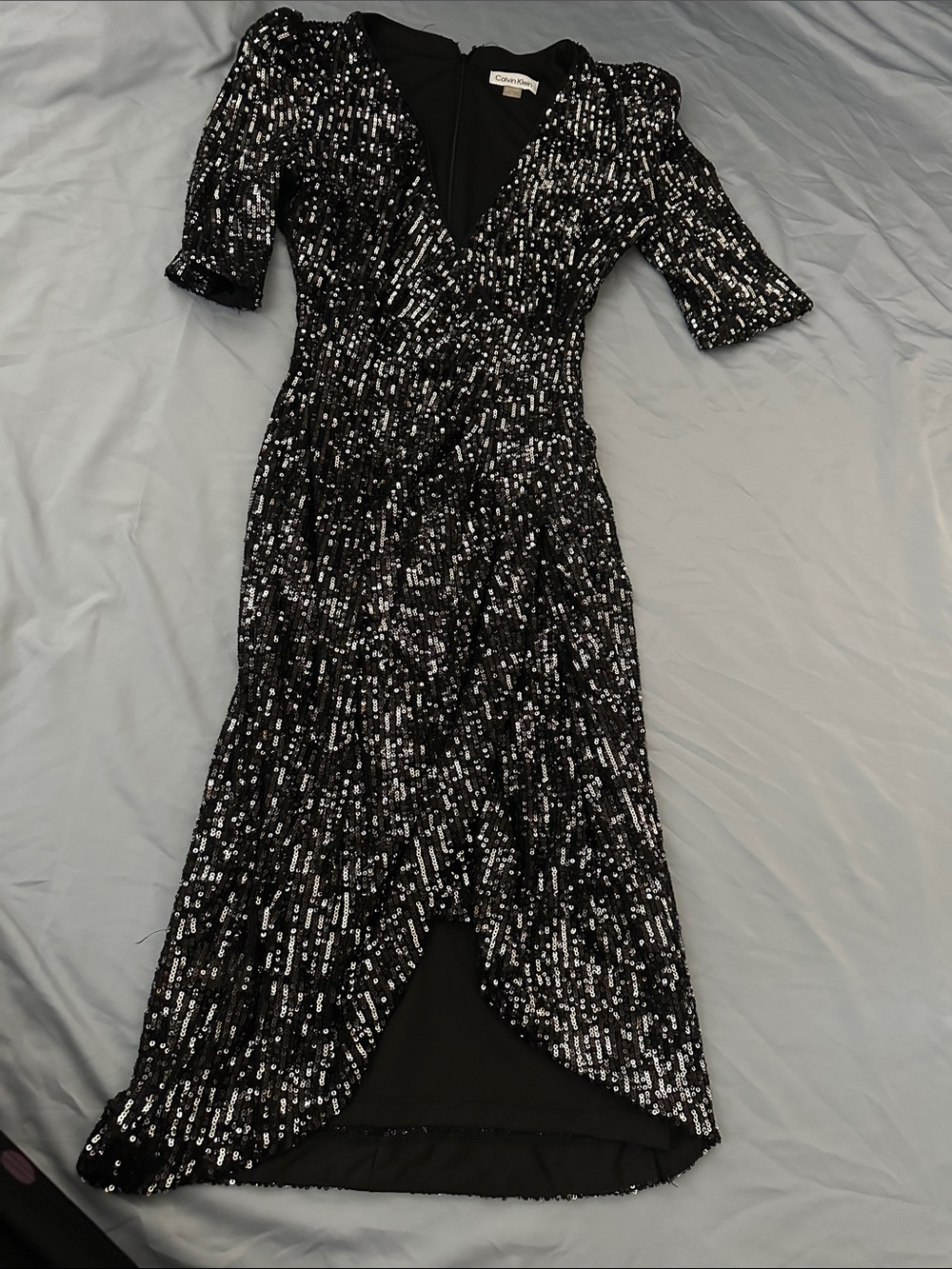 Calvin Klein Black Sequin High-Low V-Neck Dress